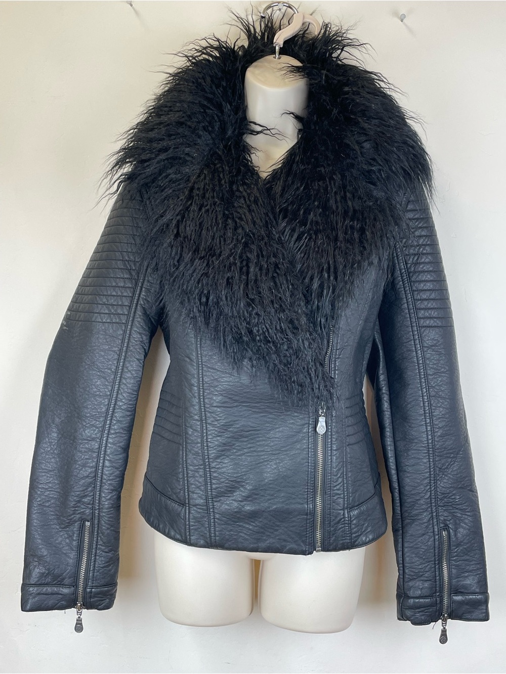 Nicole by Nicole Miller Black Faux Fur Collar Leather Feel Jacket